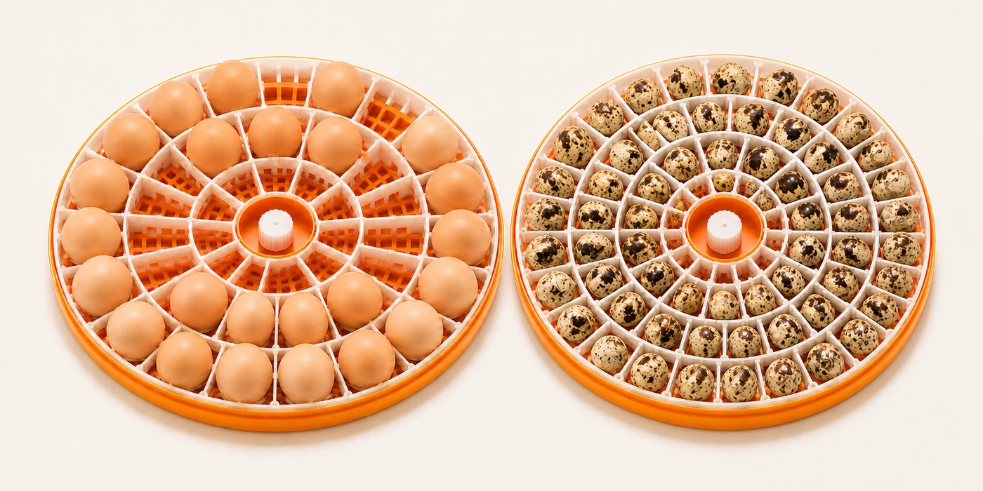 The two supplied Onya 26 Pro egg trays prepared for different egg sizes