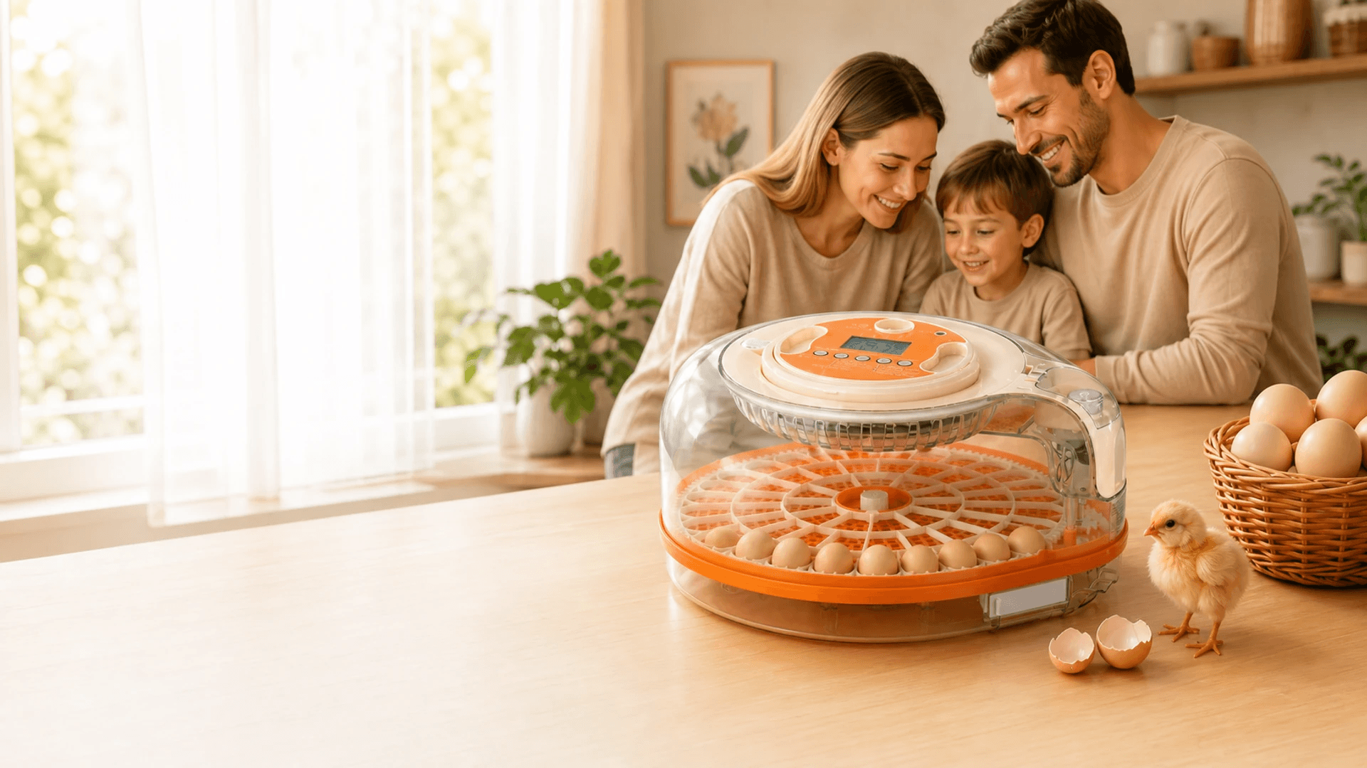 A family observes the Onya 26 Pro incubator at home.